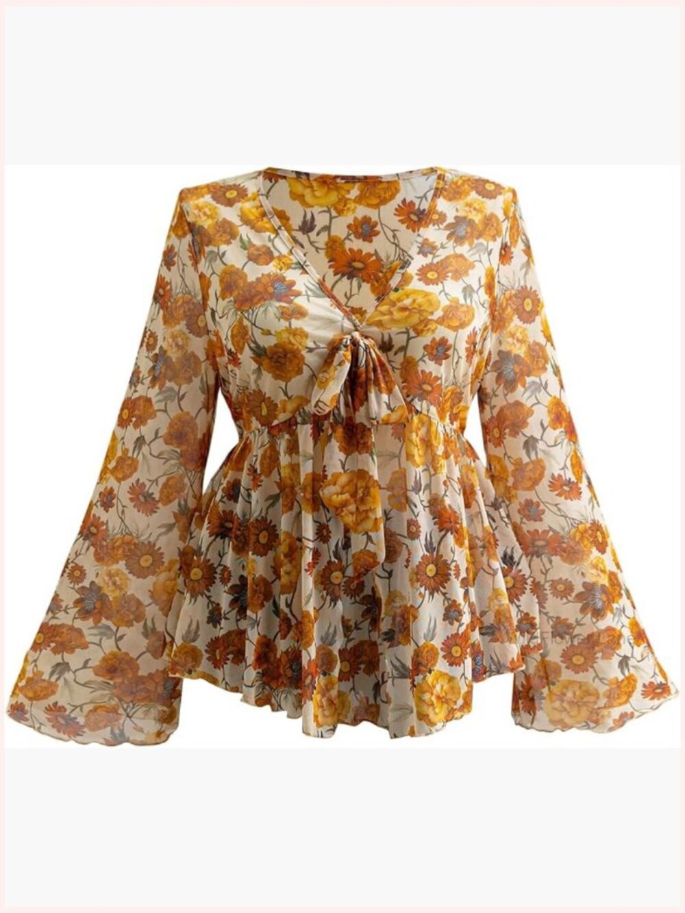 Plus Size Ruffle Tie Front Mesh Floral Bell Sleeve Peplum Top Blouse